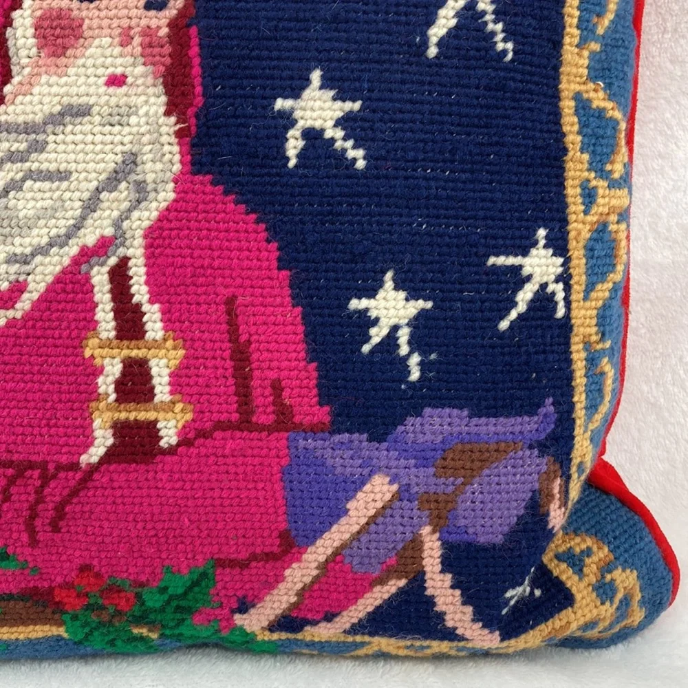 VTG Needlepoint Christmas Santa Claus Moon & Stars Pillow 14”